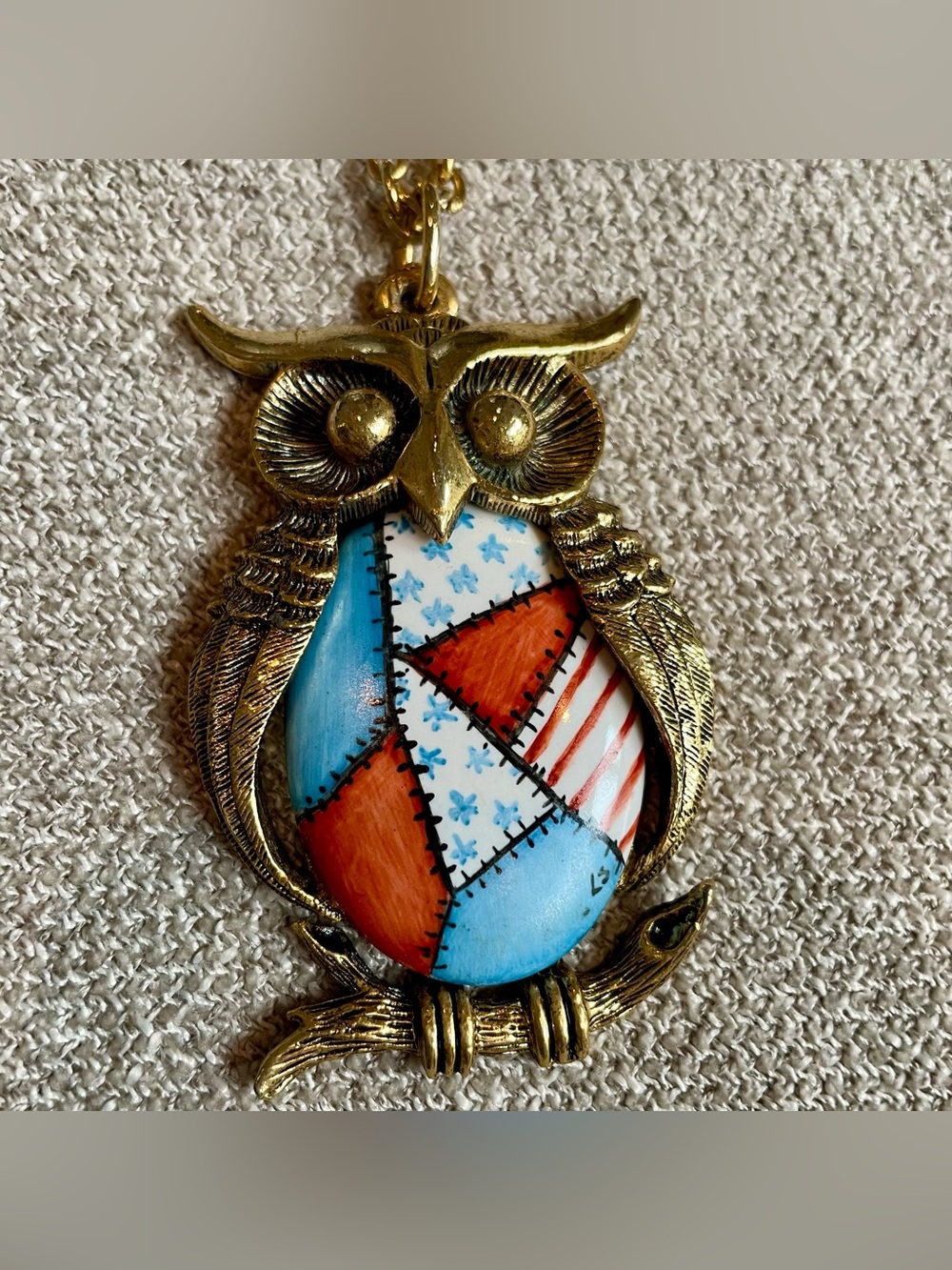 Vintage 1976 Antiqued Gold Tone Hand Painted Owl on Branch Pendant Necklace